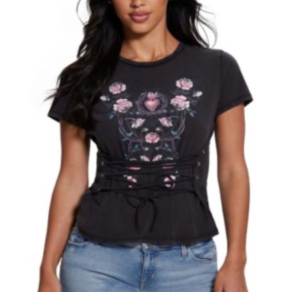 New GUESS Womens Rocker Rose Heart Lace-Up Graphic Tee Black Floral Print Sze M - Picture 1 of 13